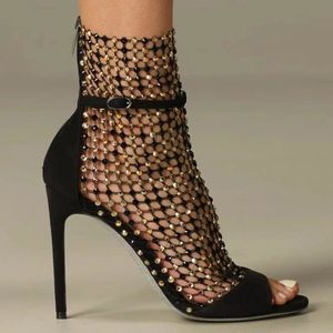 Galaxia cristal embelli maille strass cage stiletto sandales strass bride à la cheville noir chaussures de soirée femmes à talons hauts créateurs de luxe bottes cool