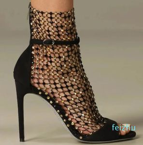 Galaxia Mesh Strass Gekooide stiletto Sandalen Strass enkelbandje zwart Avondschoenen dames hoge hakken Luxe Designers Coole laarzen