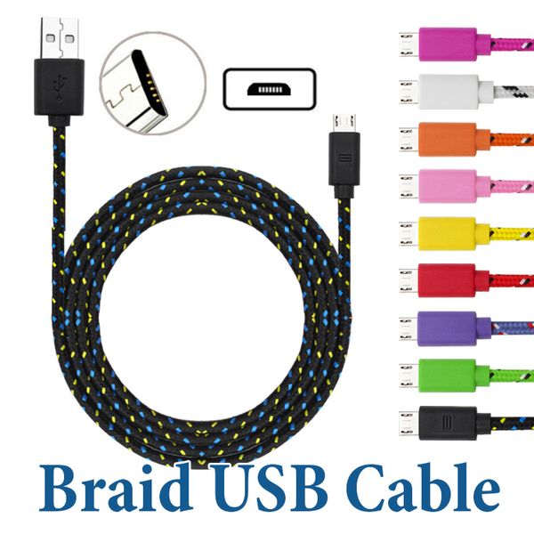 Nylon trenzado Tipo C Cable de carga rápida 1M 2M 3M Sincronización de datos Cable micro USB para iPhone Samsung Xiaomi Teléfono celular Android sin paquete