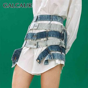 GALCAUR Denim Blue Jupe pour femmes taille haute évider Hit Couleur Designer Asymétrique Mini Jupes Femme Vêtements d'été 210629