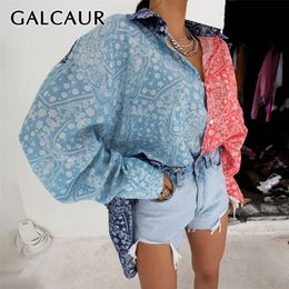 Galcaur Patchwork Hit Color Print Shirt for Women Abel Lantern Sleeve Casual Loose Corée Chemisier Femme Femelle Fashion 210308