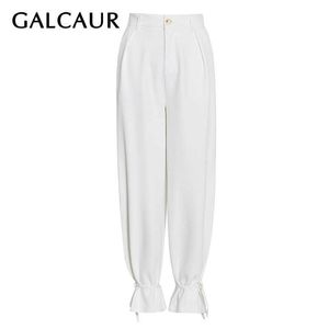 GALCAUR, pantalón blanco de longitud completa para mujer, cintura alta, bolsillos minimalistas fruncidos, pantalones holgados de talla grande, pantalones de pierna ancha para mujer 2021 Q0801
