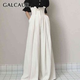 GALCAUR Pantalon blanc pleine longueur pour femmes taille haute lâche plus taille plissée volants pantalons larges vêtements féminins 211124