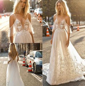 Gali Karten 2019 una línea de vestidos de novia que se sumergen vestidos de novia de encaje de espagueti con apliques de espalda abierta Beach Boho vestido de novia personalizado