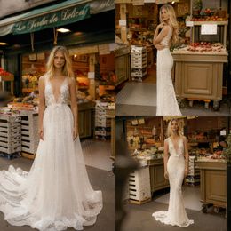 Gali Karten 2019 Mermaid Trouwjurken met Afneembare Rok Sweep Train V-hals Backless Boheemse Trouwjurk Custom Made Bridal Towns