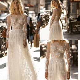 Gali Karten Beach Jurken Long Sleeve Illusion Bodice Backless Bridal Jurken Lace Appliqued Sweep Train Boheemse trouwjurk