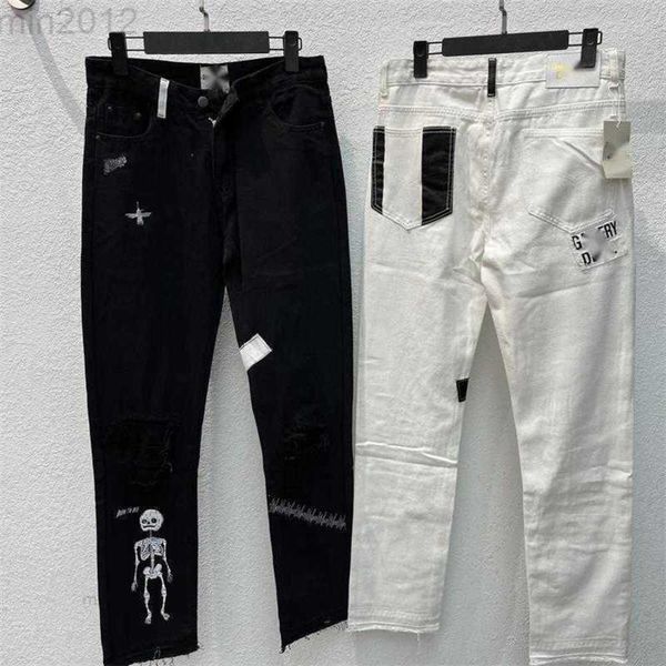 Galleys jeans Pantalones largos Dobladillo Calavera Bordado High Street Style Casual Jeans para hombres y mujeres