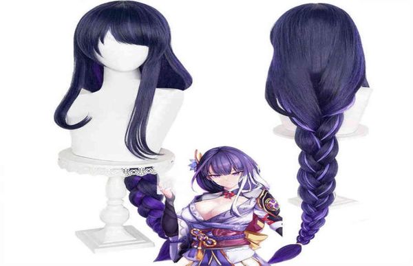 Juego Anime Genshin Impact Raiden Shogun Cosplay peluca prediseñada 110 cm de largo resistente al calor sintético púrpura color mezclado pelucas Baal AA8714049