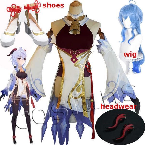 Jeu Genshin Impact Cosplay Ganyu Costume Chaussures Genshin Impact GANYU Perruque Cosplay Gradual Bleu Longue Perruque Adulte Halloween Jeu de Rôle Y0903