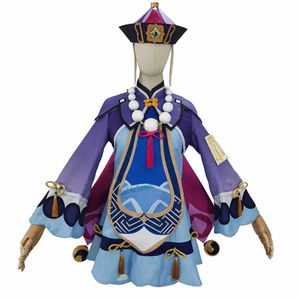 Jeu Genshin Impact Cosplay Qiqi Costume Perruque Chapeau Chaussures Femmes Zombie Violet Halloween Robe Anime Vêtements Y0913