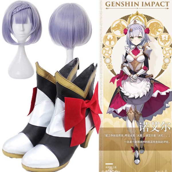 Jeu Genshin Impact Noelle Cosplay Costume Chevaliers Maid Dress Perruques Uniformes Halloween Party Outfit Pour Femmes chaussures Bottes perruques Y0903