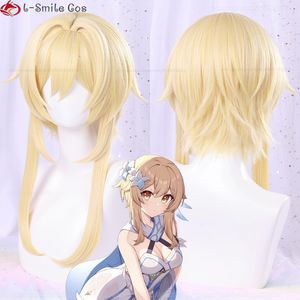 Jeu Genshin Impact Traveler Lumine Cosplay Wig Long Golden Hair with Flower Hairpin Hoil résistant à la chaleur Synthetic Party Wigs accessoires 230824