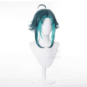 Juego Genshin Impact Xiao Cosplay peluca mixta verde oscuro azul corto resistente al calor pelo sintético adulto Halloween juego de rol pelucas Y0913