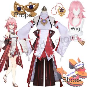 Game Genshin Impact Yae Miko Cosplay Costume Women Dress Game Uniform Wig Shoes Headware Halloween Party Roal Play Props Costume Y0903