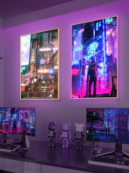 Jeu hôtel e-sport salle décoration peinture cyberpunk lumineux led lumière peinture garçons chambre fond tenture peinture