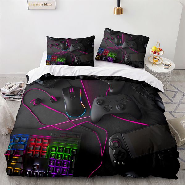 Game King Queen Couvrette Couverture 3D Black Game Handle Bedding Set for Kids Teens Boys Man Gamer Bedroom Decor Cover Couverture d'oreiller