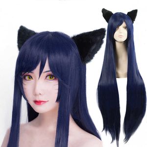 Jeu LOL Ahri 100 cm de long perruque bleu foncé le renard à neuf queues femmes cheveux résistants à la chaleur Cosplay Costume perruques + oreilles Y0903