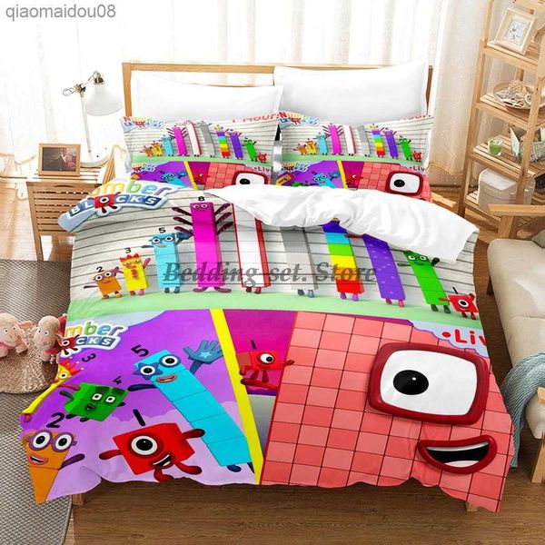 Juego de ropa de cama NumberBlocks, juego de cama individual doble tamaño Queen King, juego de edredón para dormitorio de niño Aldult, juego de sábanas 2023 L230704