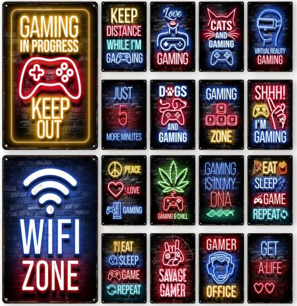 Gamepad Pintura de metal vintage Luz de neón Letras brillantes Letrero de chapa decorativo Sala de juegos Placa artística de pared Decoración moderna para el hogar Estética5287358