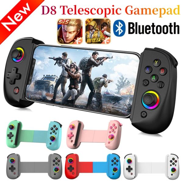 Gamepads Controlador de juego telescópico D8 con RGB Turbo/6axis Gyro/Vibration Gamepad Bluetooth 5.2 para iOS Android PUBG PS3 PS4 Switch PC