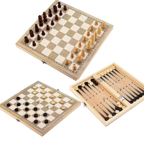 Jeux Chess Games 3 en 1 pliable en bois d'échecs plateau de voyage de voyage Jeux de voyage Échecs backgammon dames