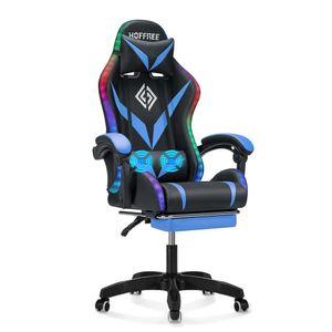 Gaming Massage LED-verlichting Ergonomische videogamestoelen Voetsteun Computerstoel met hoge rugleuning en verstelbare lendensteun Blauw en zwart