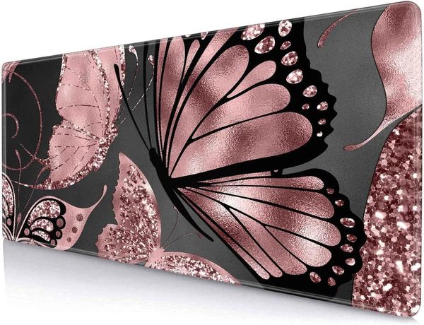 Tapis de souris de jeu pour femme grande base en caoutchouc antidérapant tapis de souris tapis de souris bureau 31,5 x 11,8 pouces - papillon en feuille de paillettes d'or rose