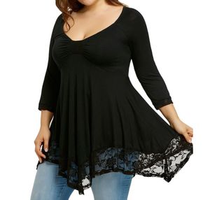 Gamiss Vrouwen Tops Kanten Rand Plus Size Empire Taille Zakdoek T-shirts Drie Kwart Asymmetrische Lente Vrouwelijke Casual Tees5594299