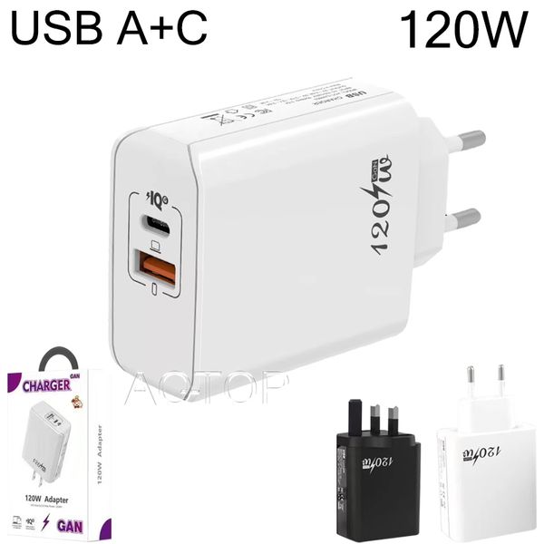 Adaptadores de pared de doble puerto GaN 120W tipo C + USB, cargador para teléfono portátil, UE/EE. UU./Reino Unido, adaptado para iPhone, Samsung, teléfono inteligente