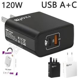 GaN 120W type-c + USB GAN 65W, adaptateurs muraux à double port, chargeur pour téléphone portable, EU/US/UK, adapté pour smartphone iPhone Samsung