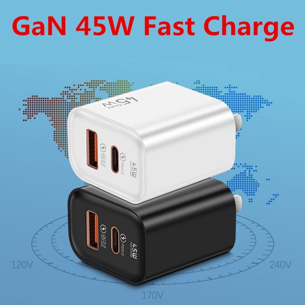 GaN Fast Charge 2 Ports Chargeurs de téléphone 45W Adaptateur de chargeur rapide USB-C PD 20W 25W Type-C Chargeur QC3.0 Charge rapide pour iPhone 15 14 13 12 Samsung Xiaomi