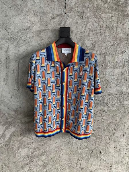 24SS Casablanca Top Designer Wool Knit Button Cardigan Pull Mabinement Men and Women Couple Arch Rainbow Colorblock Tenblock Loose Retro Imprime Sweatshirt Fashion