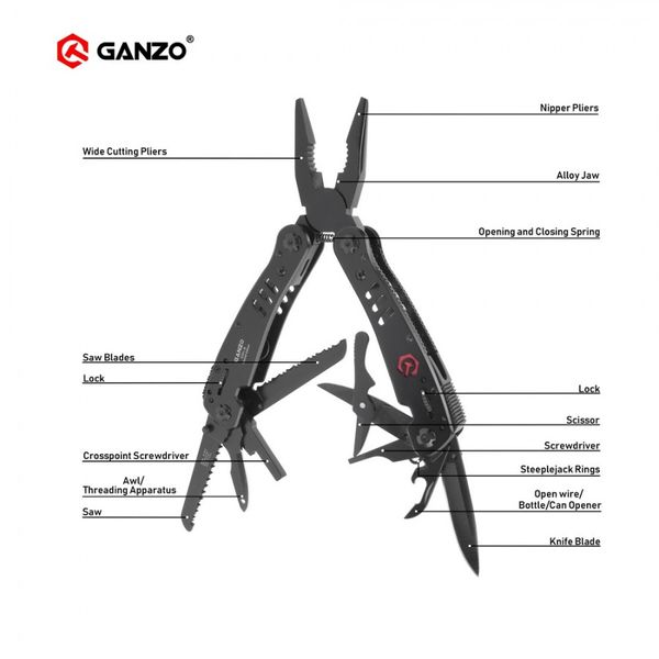 Ganzo G301 G301B G301H, alicates múltiples, 26 herramientas en una sola mano, juego de destornilladores, cuchillo plegable portátil, multiherramienta