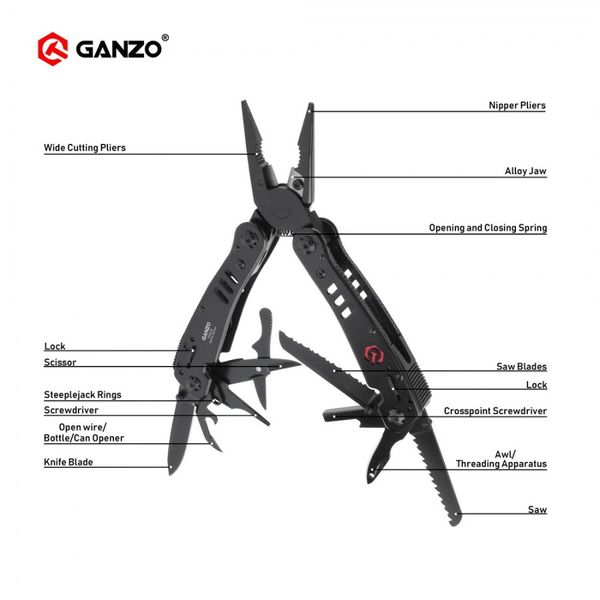 Ganzo G302 G302B G302H, alicates múltiples, 26 herramientas en una sola mano, juego de destornilladores, cuchillo plegable portátil, alicates de acero inoxidable