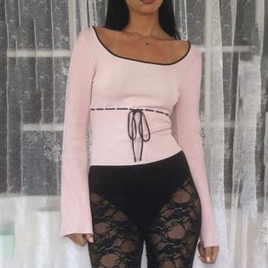 Gao nuo roze gebreide crop top veter boog vierkant halslijn volledige set gebreide t-shirt 240426