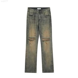 Gaojie Chaopai gele modder geverfd met gebroken gaten, rechte buis gewassen en versleten casual jeansz2s6