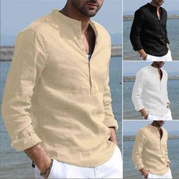 Gaoke Heren Baggy Cotton Linen Shirt Effen Lange Mouwen Button Retro Shirts Tops Blouse Plus Size M-3XL 210721