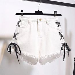 Gaoke Sexy Summer Women Denim Shorts 2021 New New Black High Cintura Ripped Short Jeans Femmen Later Later Lace Up Vendaje Shorts NUEVO 210301