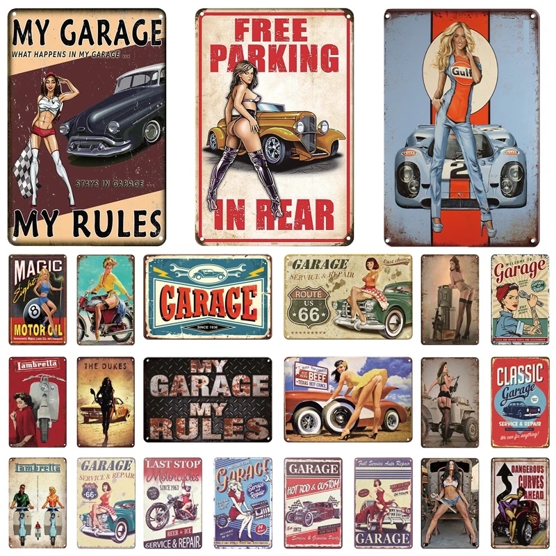 Garage Girl Painting Tin Pin Up Sexy Girl Vintage Metal Plaque Retro Plate Wall Sticker Sexy Girl Poster For Shop Man Cave Club Workshop Decor Maat 30x20 W01