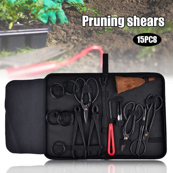 Jardin Bonsai Tool Set 15pcs Kit en acier au carbone Ciseaux de coupe Étui en nylon Manille extérieure pour camping Kit d'outils de cour professionnel 210719