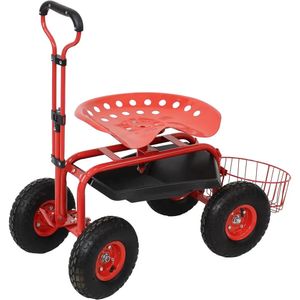 Tuinwagen, rollende scooter, voorzien van uitschuifbare stuurhendel, trolley, draaibare stoel en gereedschapsbak, rode duwdolly 240122