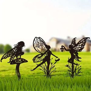 Statue féerique en métal pour décoration de jardin, Art pelouse, cour, Silhouette de champignon, Insertion de cartes en plein air