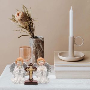 Décorations de jardin 1 ensemble de statue d'ange en résine figurine adorable avec ornement de croix en bois