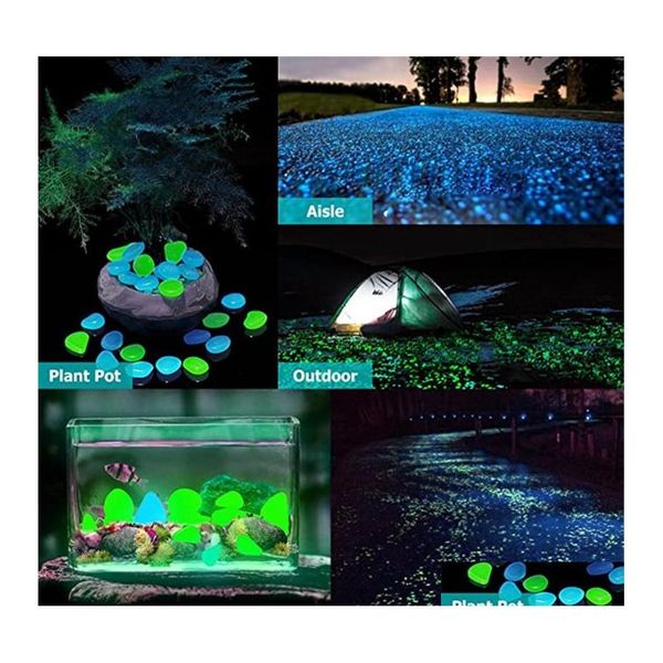 Decoraciones de jardín 100pcs/lote piedras luminosas Glow Dark Decorative Pebbles Patierras Acuario Fluorescente Vtky2230 Drop dhzer