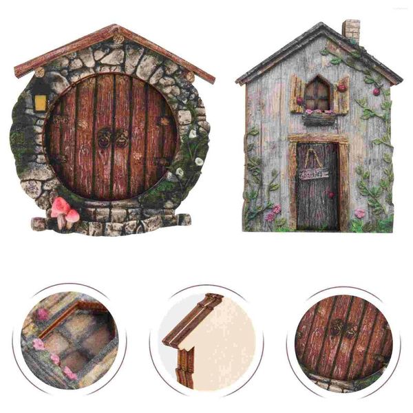 Decoraciones de jardín, 2 uds., puerta de elfo de hadas, decoración de árbol, Miniatore, casa de muñecas de madera, ventanas, adorno artesanal en miniatura