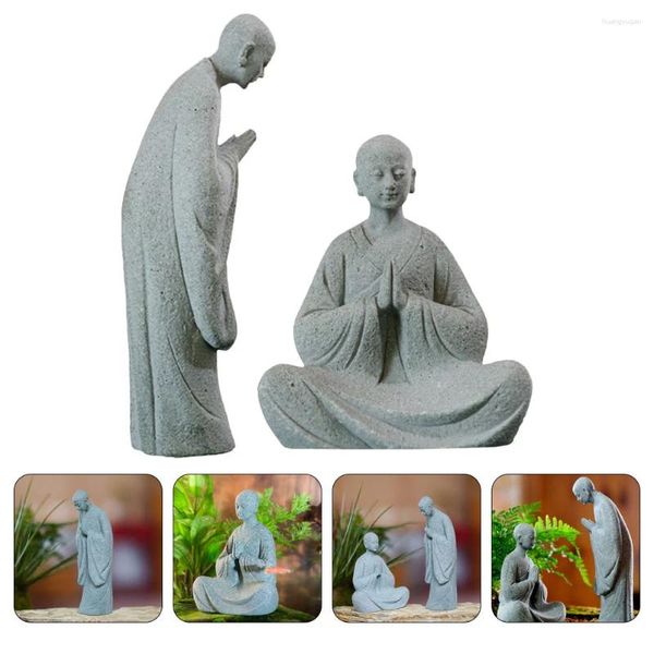 Décorations de jardin 2 pcs Statue Micro Paysage Bouddha Ornement Moine Sculpture Figurine en pierre