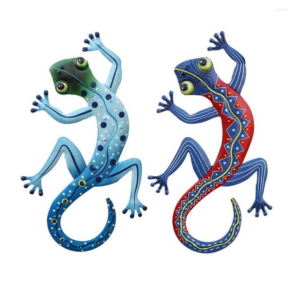 Décorations De Jardin 2pcs Enfants Cadeaux Sculpture En Plein Air Clôture Décoration Murale Cour Métal Gecko Artisanat Art À La Main Lézard Petite Statue Maison