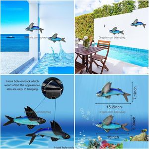 Décorations de jardin 2pcs métal poisson volant décoration murale scpture art côtier verre suspendu pour salle de bain intérieure Dhnxs