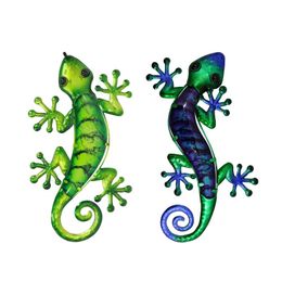 Décorations de jardin 2pcs Art mural Gecko en métal avec peinture en verre vert pour la décoration extérieure Statues et sculptures d'animaux BrotherGarden