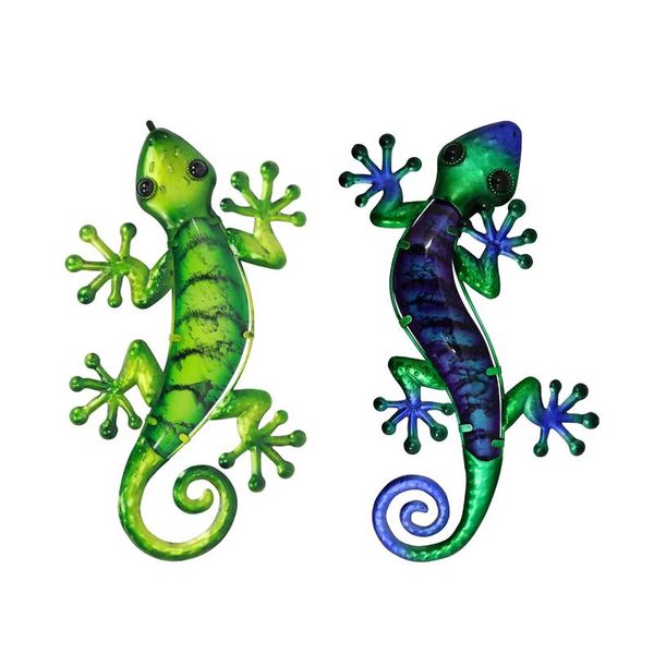 Decoraciones de jardín 2 piezas Arte de pared de Gecko de metal con pintura de vidrio verde para decoración al aire libre Estatuas y esculturas de animales BrotherGarden